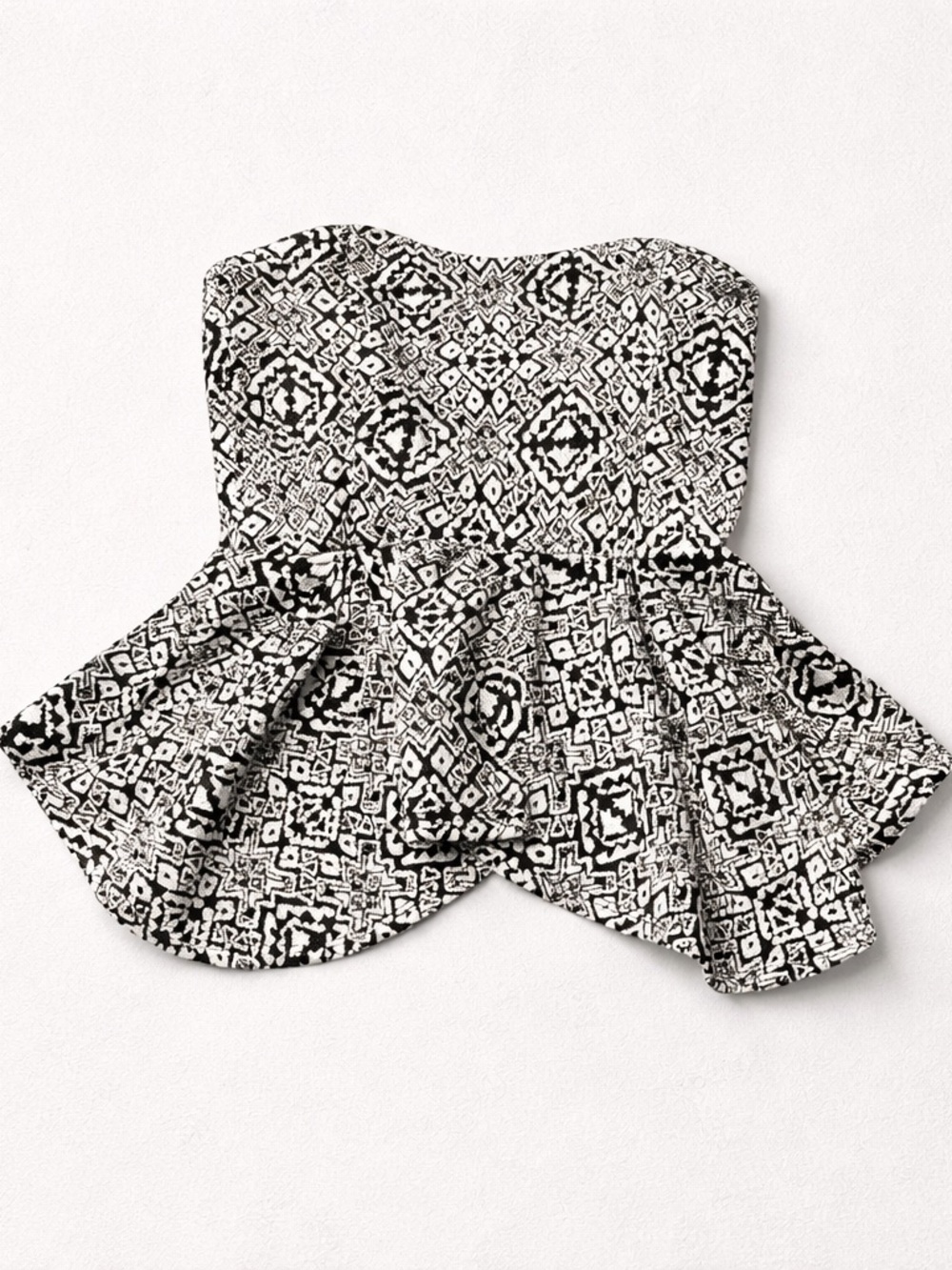 Strapless Black & White Printed Peplum Camisole Top